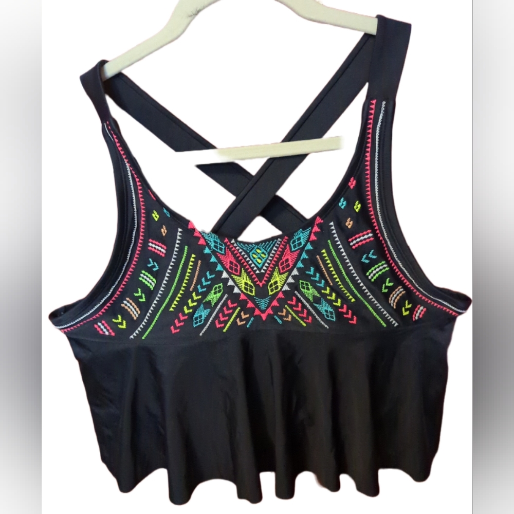 XHILARATION BLACK EMBROIDERED BATHING SUIT TOP SZ XL